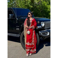 Women's Silk Embroidered 3/4th Sleeve Round Readymade Kurti With Palazzo Pant and Dupatta Set (Red)