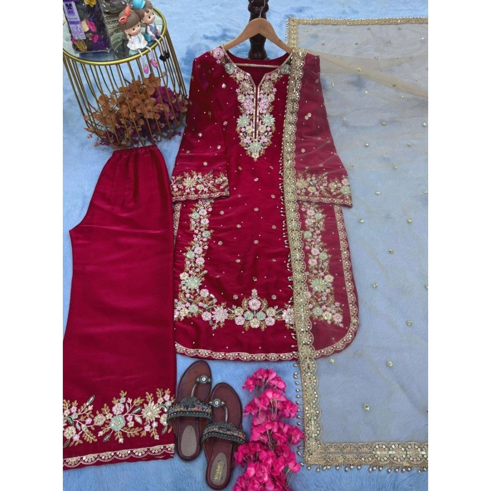 Women's Silk Embroidered 3/4th Sleeve Round Readymade Kurti With Palazzo Pant and Dupatta Set (Red)