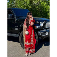 Women's Silk Embroidered 3/4th Sleeve Round Readymade Kurti With Palazzo Pant and Dupatta Set (Red)