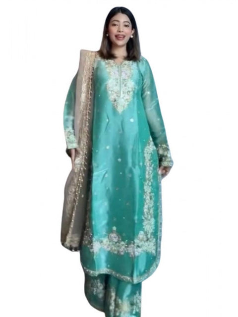 Generic Women's Silk Embroidered 3/4th Sleeve Round Readymade Kurti With Palazzo Pant and Dupatta Set (Sea Green)