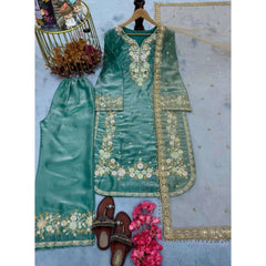 Women's Silk Embroidered 3/4th Sleeve Round Readymade Kurti With Palazzo Pant and Dupatta Set (Sea Green)