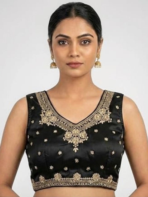Generic Women's Silk Embroidered V-Neck Sleeveless Readymade Padded Blouse (Black, Size 38)
