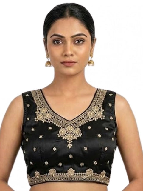 Generic Women's Silk Embroidered V-Neck Sleeveless Readymade Padded Blouse (Black, Size 38)