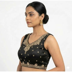 Generic Women's Silk Embroidered V-Neck Sleeveless Readymade Padded Blouse (Black, Size 38)