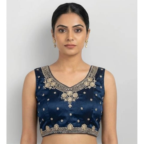 Generic Women's Silk Embroidered V-Neck Sleeveless Readymade Padded Blouse (Blue, Size 38)