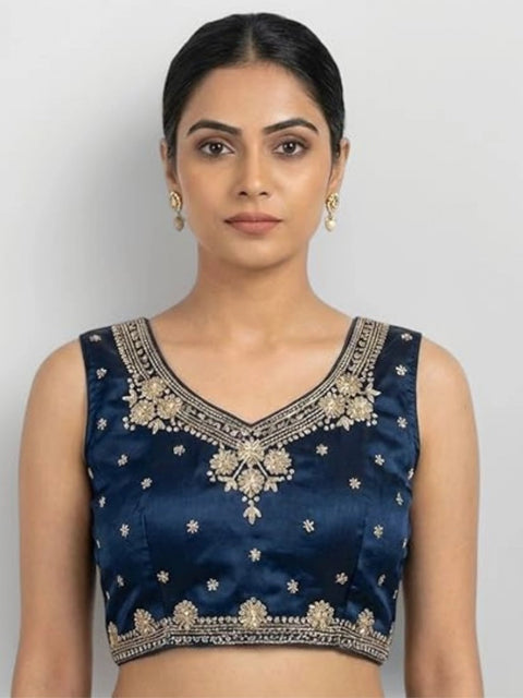 Generic Women's Silk Embroidered V-Neck Sleeveless Readymade Padded Blouse (Blue, Size 38)