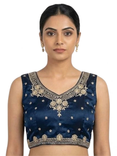 Generic Women's Silk Embroidered V-Neck Sleeveless Readymade Padded Blouse (Blue, Size 38)