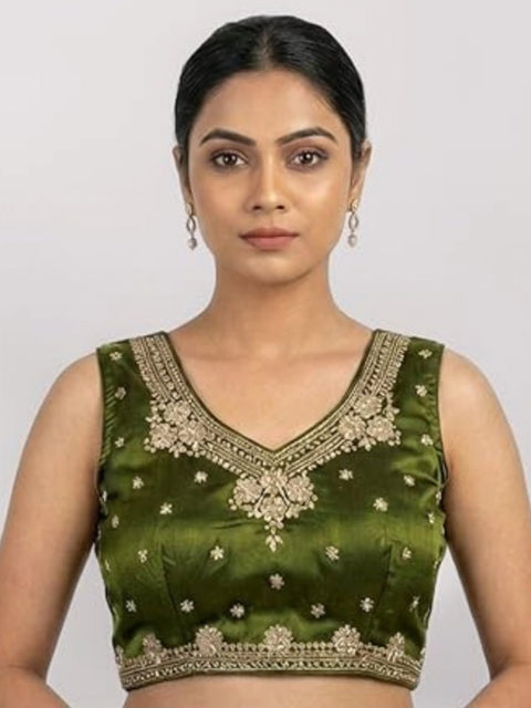 Generic Women's Silk Embroidered V-Neck Sleeveless Readymade Padded Blouse (Mahendi, Size 38)