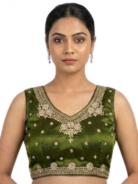 Generic Women's Silk Embroidered V-Neck Sleeveless Readymade Padded Blouse (Mahendi, Size 38)
