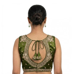 Generic Women's Silk Embroidered V-Neck Sleeveless Readymade Padded Blouse (Mahendi, Size 38)