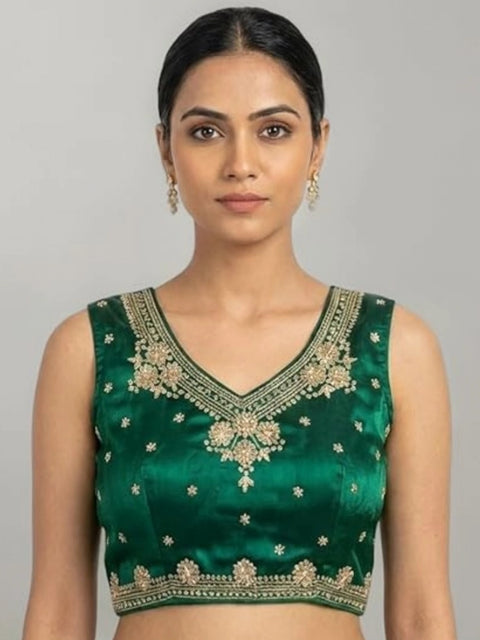 Generic Women's Silk Embroidered V-Neck Sleeveless Readymade Padded Blouse (Green, Size 38)