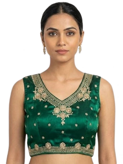 Generic Women's Silk Embroidered V-Neck Sleeveless Readymade Padded Blouse (Green, Size 38)
