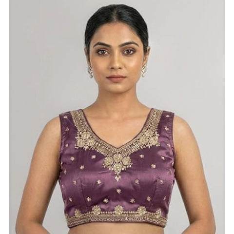 Generic Women's Silk Embroidered V-Neck Sleeveless Readymade Padded Blouse (Purple, Size 38)
