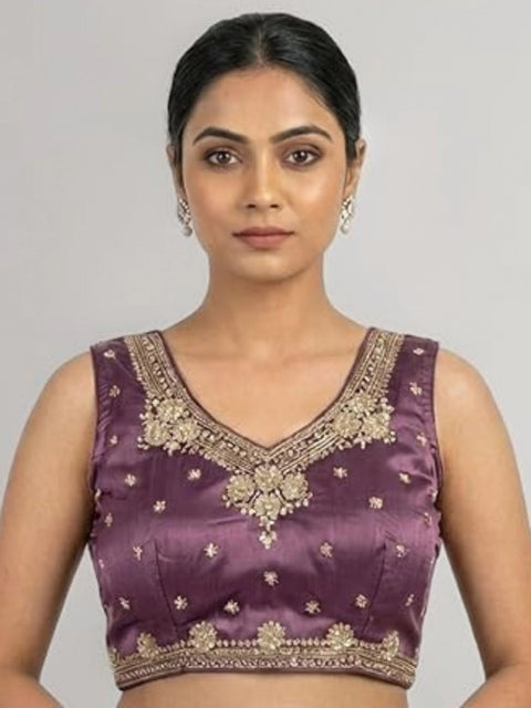 Generic Women's Silk Embroidered V-Neck Sleeveless Readymade Padded Blouse (Purple, Size 38)