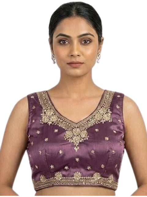 Generic Women's Silk Embroidered V-Neck Sleeveless Readymade Padded Blouse (Purple, Size 38)