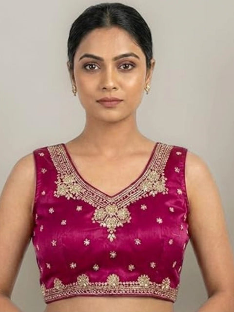 Generic Women's Silk Embroidered V-Neck Sleeveless Readymade Padded Blouse (Pink, Size 38)