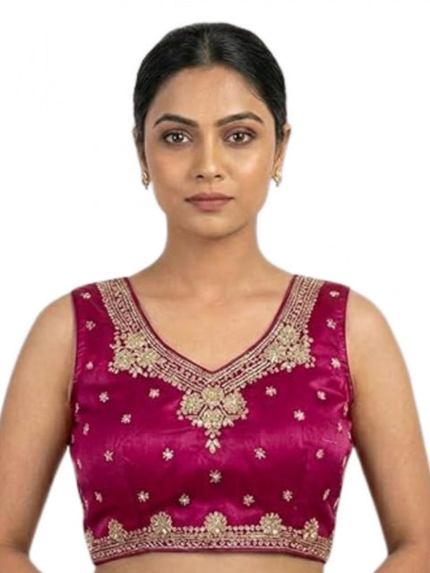 Generic Women's Silk Embroidered V-Neck Sleeveless Readymade Padded Blouse (Pink, Size 38)