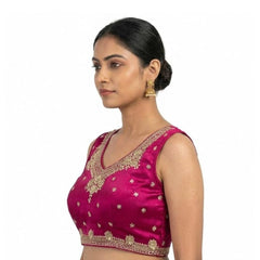 Generic Women's Silk Embroidered V-Neck Sleeveless Readymade Padded Blouse (Pink, Size 38)