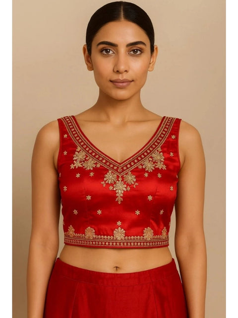Generic Women's Silk Embroidered V-Neck Sleeveless Readymade Padded Blouse (Red, Size 38)