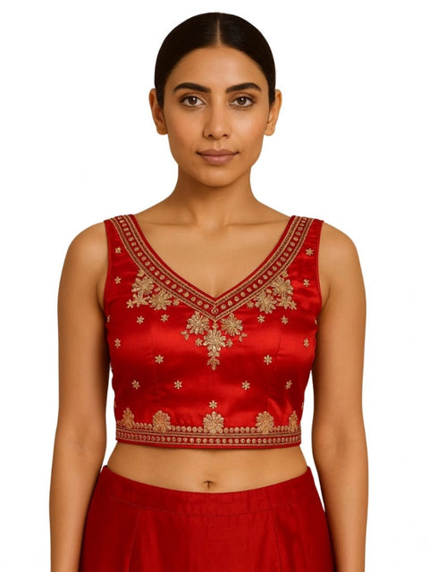 Generic Women's Silk Embroidered V-Neck Sleeveless Readymade Padded Blouse (Red, Size 38)