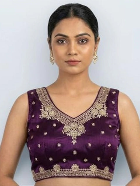 Generic Women's Silk Embroidered V-Neck Sleeveless Readymade Padded Blouse (Wine, Size 38)