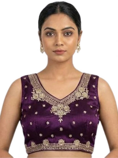 Generic Women's Silk Embroidered V-Neck Sleeveless Readymade Padded Blouse (Wine, Size 38)