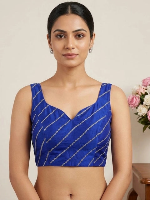 Generic Women's Silk Embellished Sweetheart Neck Sleeveless Readymade Padded Blouse (Blue, Size 38)