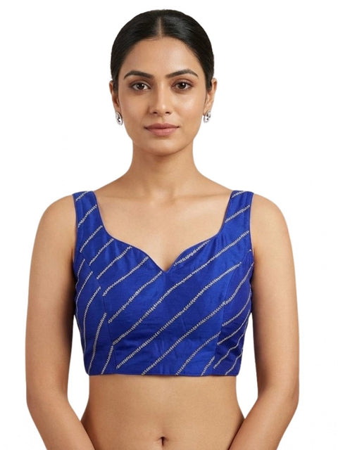 Generic Women's Silk Embellished Sweetheart Neck Sleeveless Readymade Padded Blouse (Blue, Size 38)