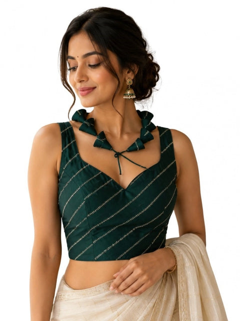 Generic Women's Silk Embellished Sweetheart Neck Sleeveless Readymade Padded Blouse (Green, Size 38)