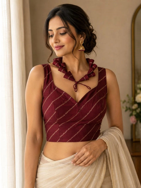 Generic Women's Silk Embellished Sweetheart Neck Sleeveless Readymade Padded Blouse (Maroon, Size 38)