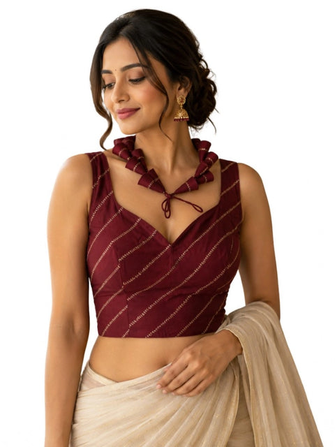 Generic Women's Silk Embellished Sweetheart Neck Sleeveless Readymade Padded Blouse (Maroon, Size 38)