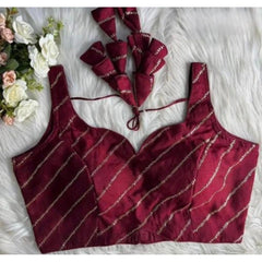 Generic Women's Silk Embellished Sweetheart Neck Sleeveless Readymade Padded Blouse (Maroon, Size 38)