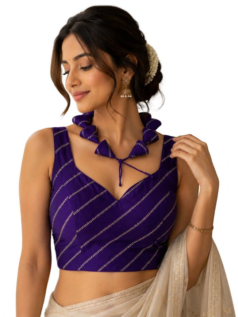 Generic Women's Silk Embellished Sweetheart Neck Sleeveless Readymade Padded Blouse (Purple, Size 38)