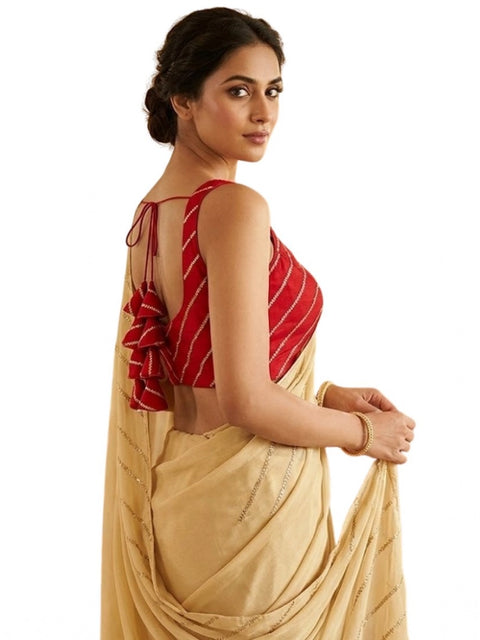 Generic Women's Silk Embellished Sweetheart Neck Sleeveless Readymade Padded Blouse (Red, Size 38)
