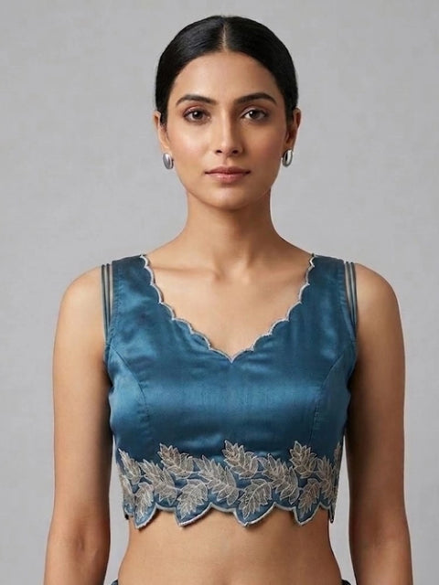 Generic Women's Silk Embroidered Sweetheart Neck Sleeveless Readymade Padded Blouse (Blue, Size 38)