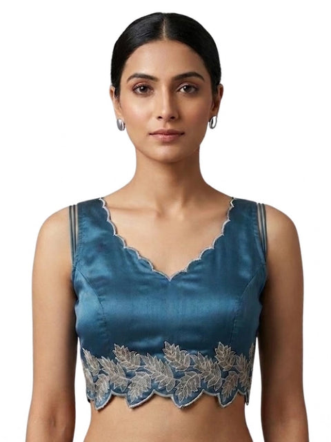 Generic Women's Silk Embroidered Sweetheart Neck Sleeveless Readymade Padded Blouse (Blue, Size 38)