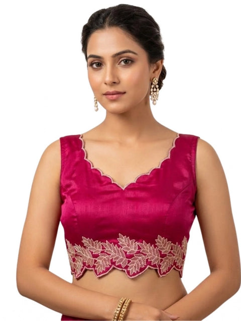 Generic Women's Silk Embroidered Sweetheart Neck Sleeveless Readymade Padded Blouse (Pink, Size 38)