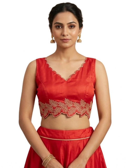 Generic Women's Silk Embroidered Sweetheart Neck Sleeveless Readymade Padded Blouse (Red, Size 38)