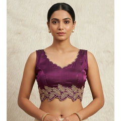 Generic Women's Silk Embroidered Sweetheart Neck Sleeveless Readymade Padded Blouse (Wine, Size 38)