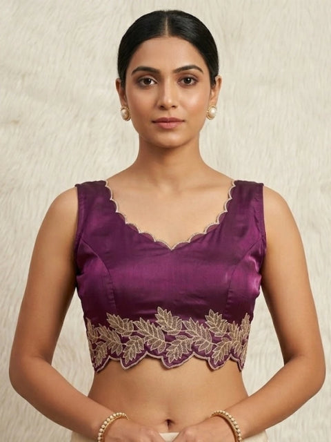 Generic Women's Silk Embroidered Sweetheart Neck Sleeveless Readymade Padded Blouse (Wine, Size 38)