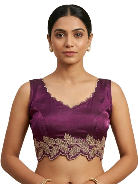 Generic Women's Silk Embroidered Sweetheart Neck Sleeveless Readymade Padded Blouse (Wine, Size 38)