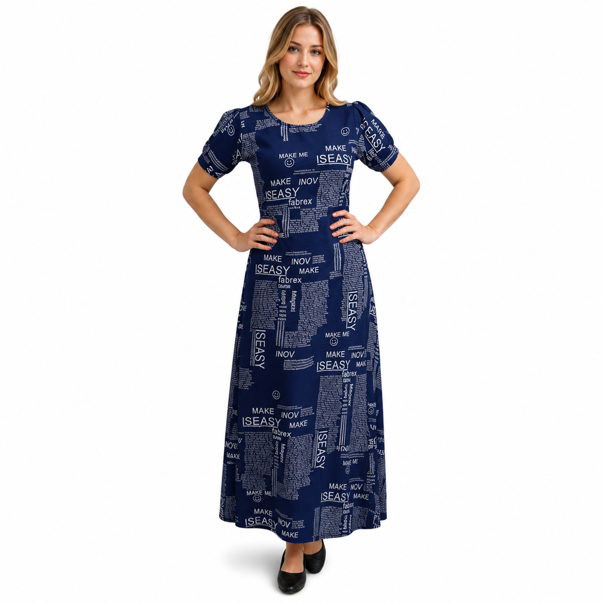 Women's Casual Crepe Half Sleeves Dress (Blue)