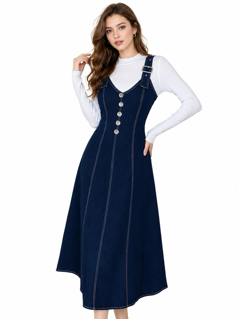 Women's Casual Denim Sleeveless Dress (Blue)