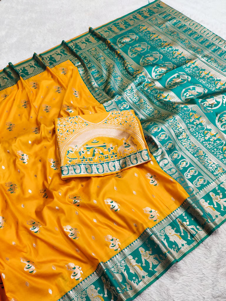 Premium Triple-Tone Bishnupuri Swarnachuri Silk Saree with Blouse Piece