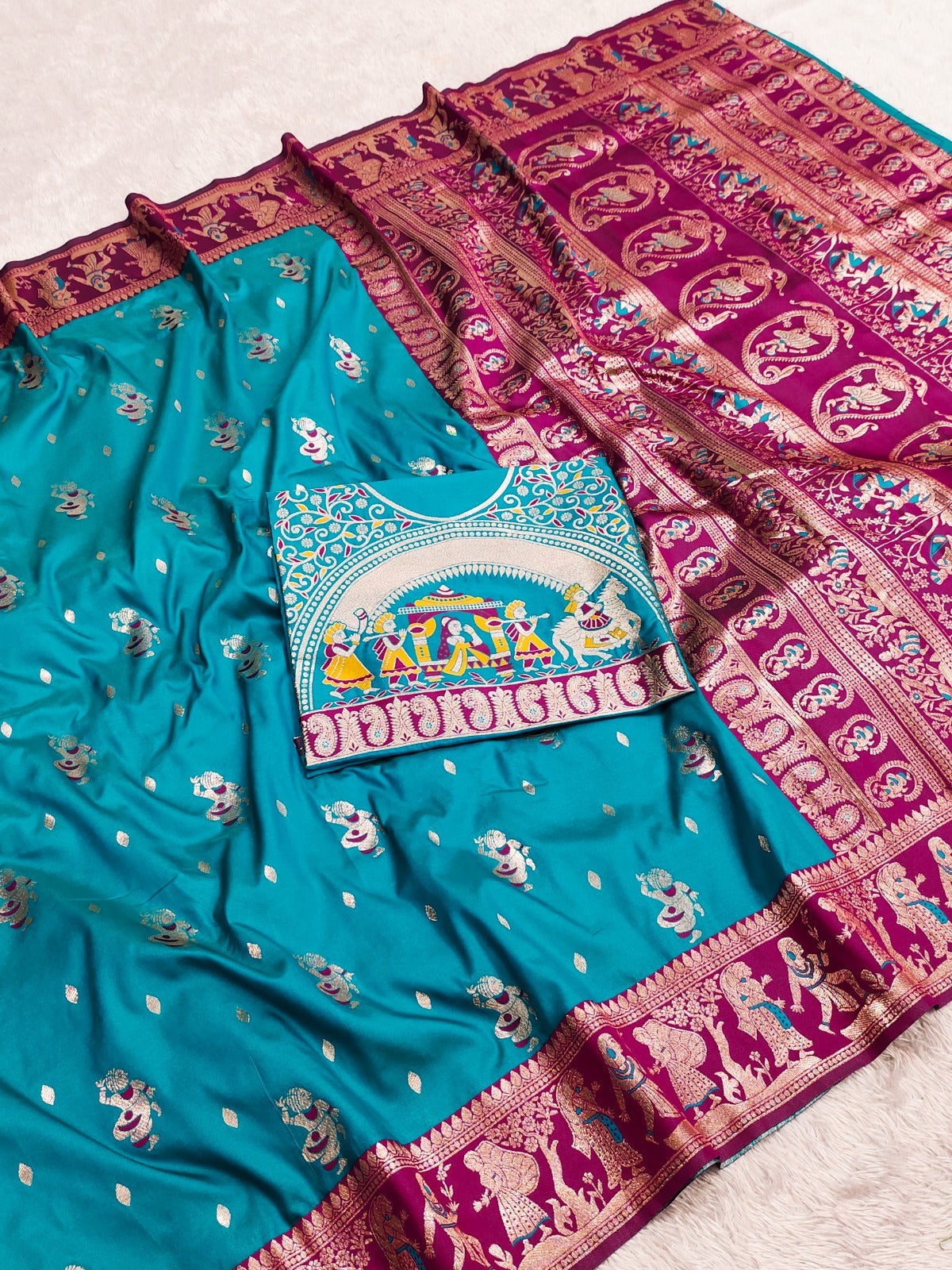 Premium Quality Pure Triple Tone Bishnupuri Swarnachuri Silk